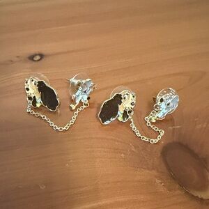 Gold-Tone Black Enamel Double Stud Chain Earrings